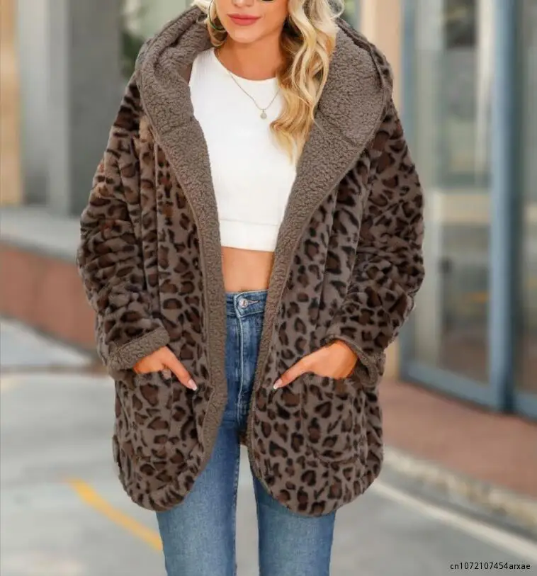 Women Leopard Print Faux-fur' Gilet Long Sleeve Waistcoat Body Warmer Furry Faux Jacket Coat Hooded Outerwear