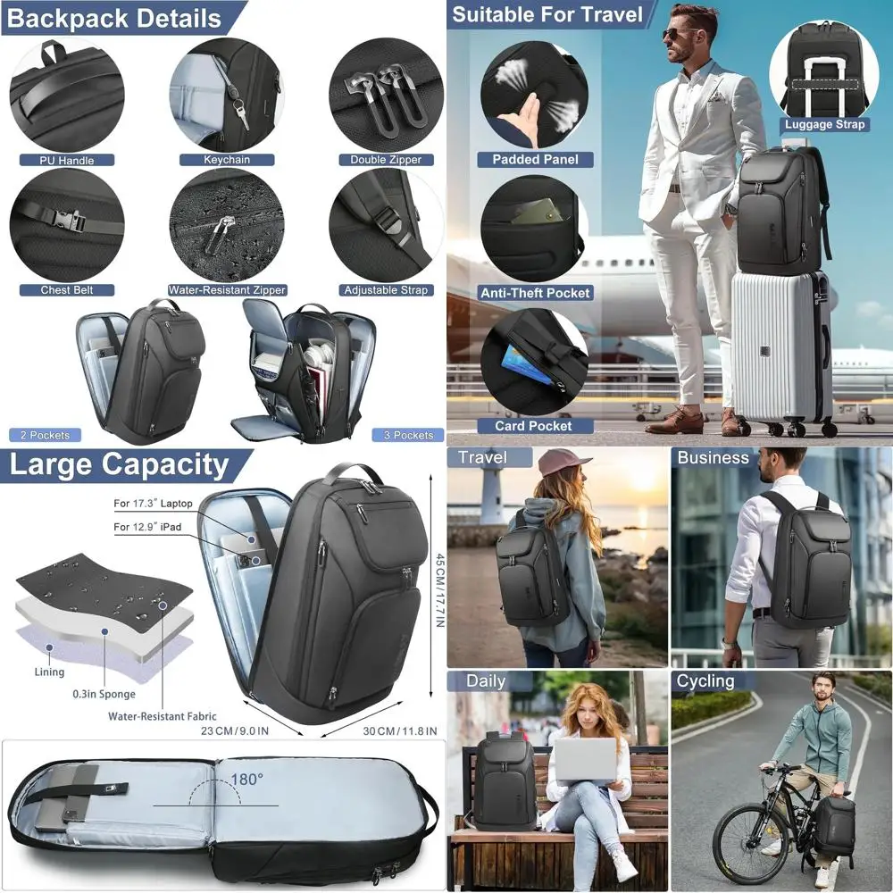 

Рюкзак для ноутбука 17.3 дюйма с защитой от кражи, USB-зарядкой, водонепроницаемый, вместимость 30 л для путешествий, учебы, работы - черный