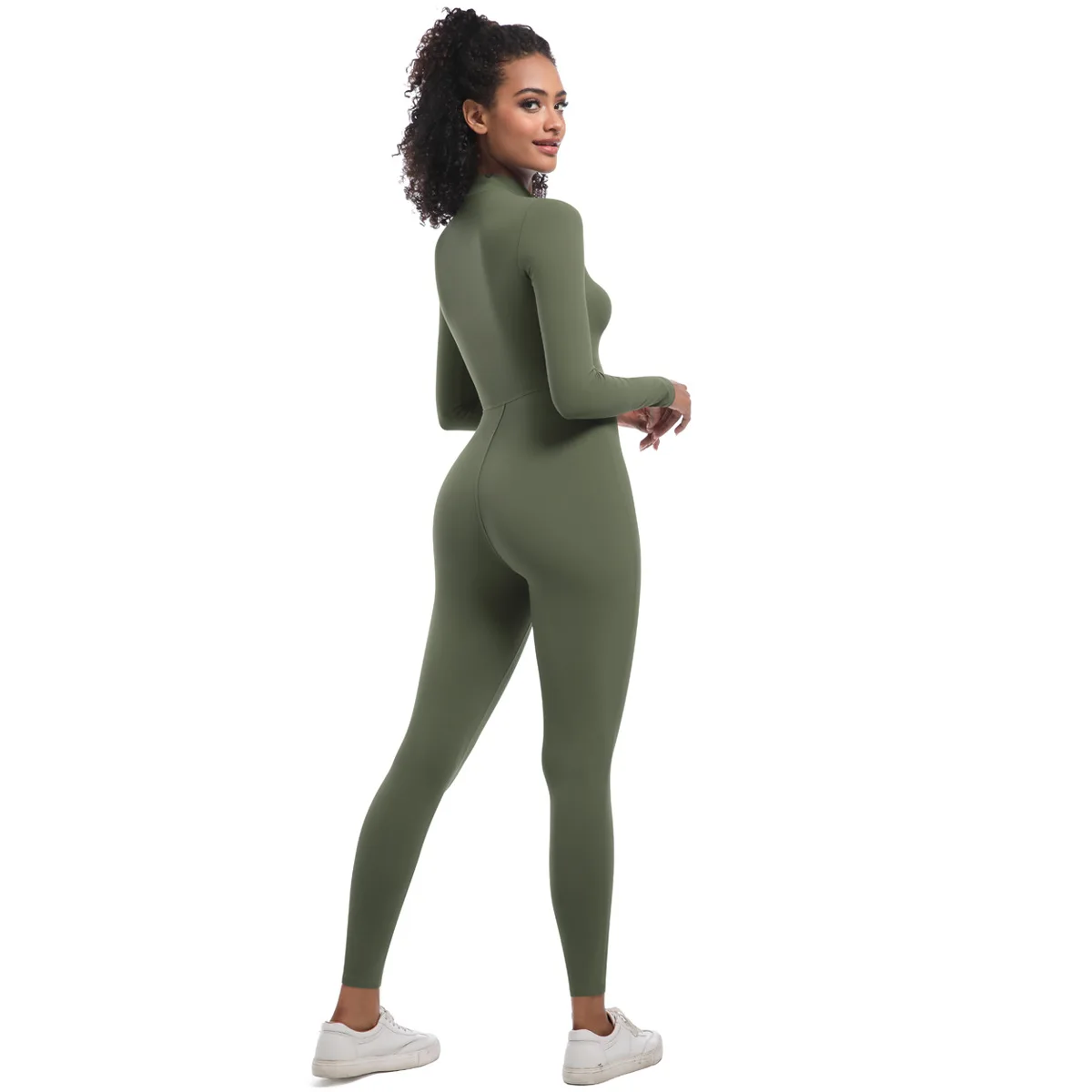 Winter Half Zip Tight Solid Color High Elasticity Long Yoga Suit, Fitness Running Sports Jumpsuit workout clothes for women