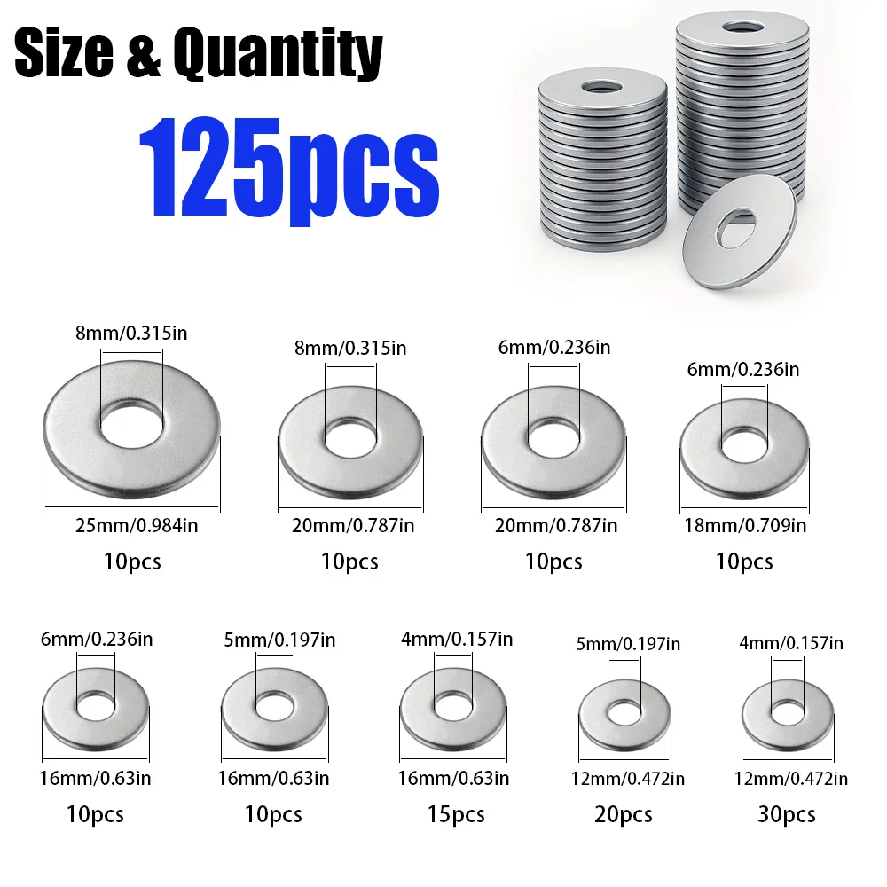 125 Large Wide-Body Stainless Steel Flat Washers M4 M5 M6 M8 for Home, Kitchen, Shop, and Outdoor Construction Maintenance