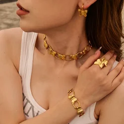 Minar Hyperbole Pleated Metallic Butterfly Wings Pendant Necklaces for Women Female 18K Gold PVD Plated Stainless Steel Choker