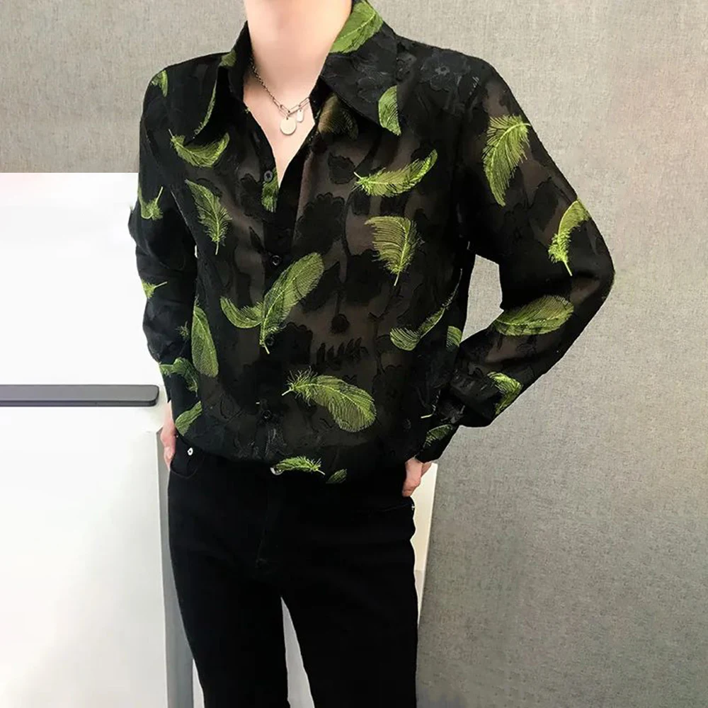 Mens Feather Embroidery Sexy Mesh Perspective Long-Sleeved Shirt Autumn Genderless Fashion Nightclub Hollow Thin Top Unisex