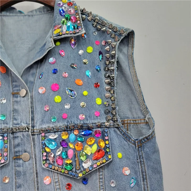 

Heavy Work Multicolour Diamonds Denim Vest Women Loose Mid Long Cowboy Waistcoat Vintage Korean Sleeveless Jeans Jacket Female