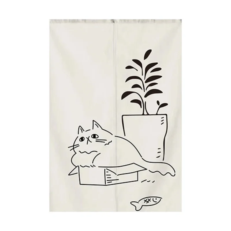 VIKAMA Minimalist Japanese Linen Door Curtain Fun Cat Print Privacy Partition Curtain for Entrance Bedroom Home Decoration