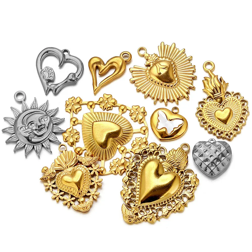 5pcs Stainless Steel Heart Sun Charms Connectors Gold-Plated PVD for DIY Necklaces Bracelet Jewelry Making Accessories Wholesale