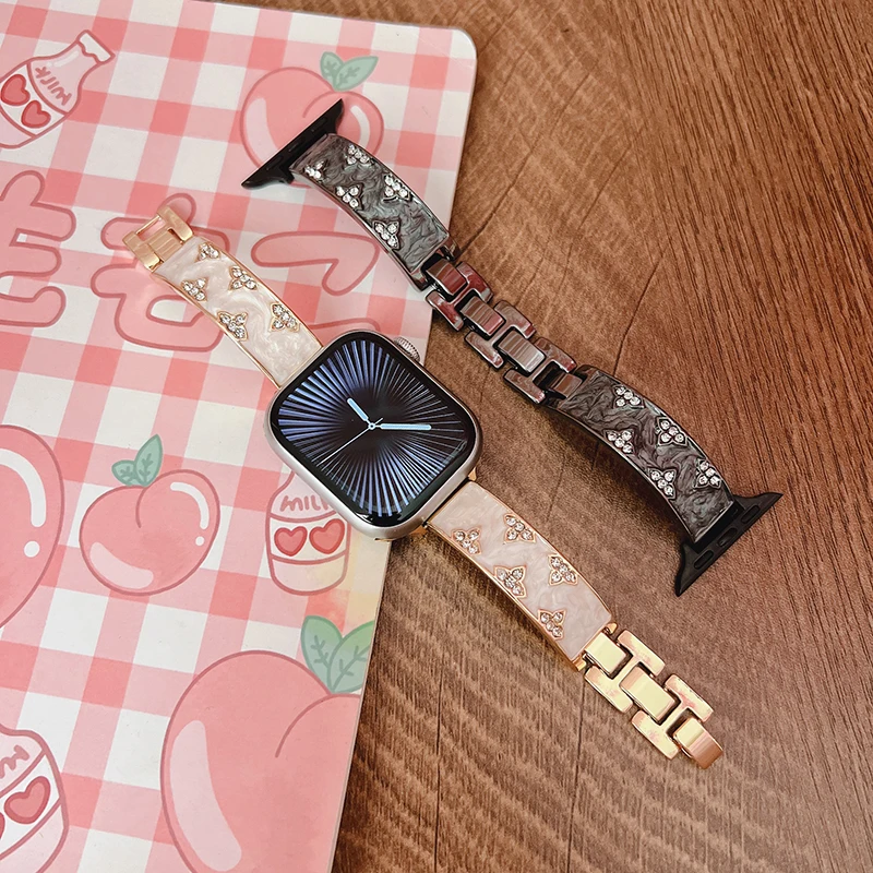 Роскошный костюм с ремешком из позолоченных бриллиантов для всех диапазонов серии Apple Watch Стильный позолоченный браслет с бриллиантами в форме листа Металлический ремешок