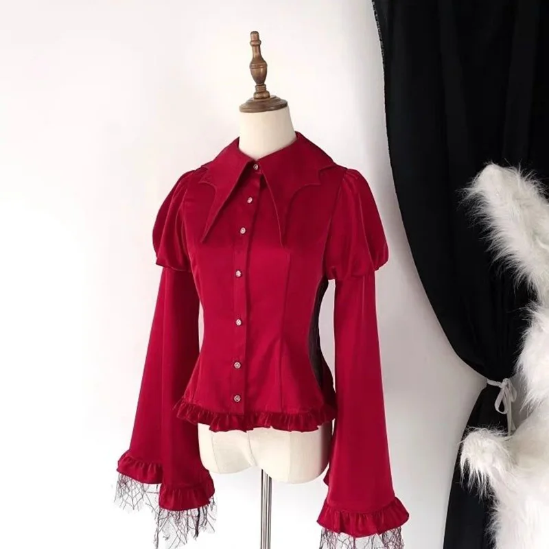 Damenbekleidung Hemd Laterne Lange Ärmel Einfarbig Lässiges Design Mode Vintage Lolita Stil Gothic Slim Bluse Y2k Tops