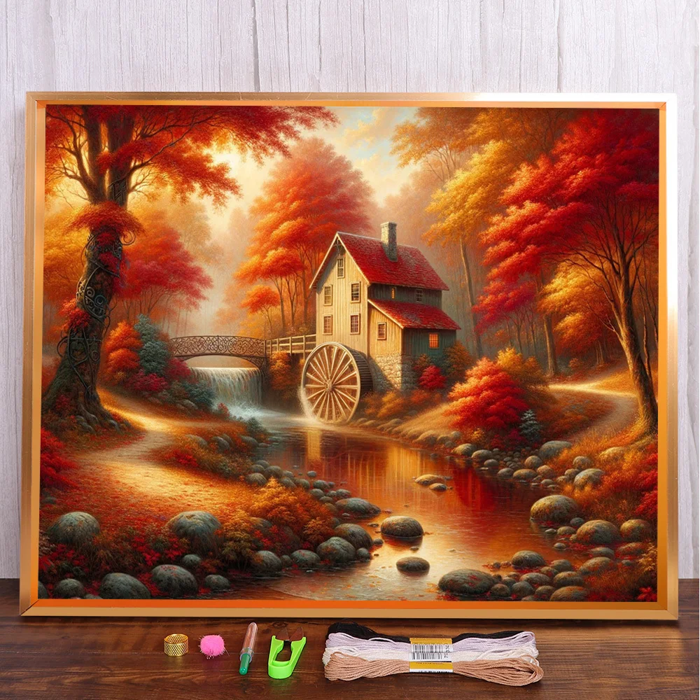 

Landscape Autumn Printed Fabric Cross-Stitch Full Kit Embroidery Sewing Hobby Handmade Knitting Wholesale Different For Adults
