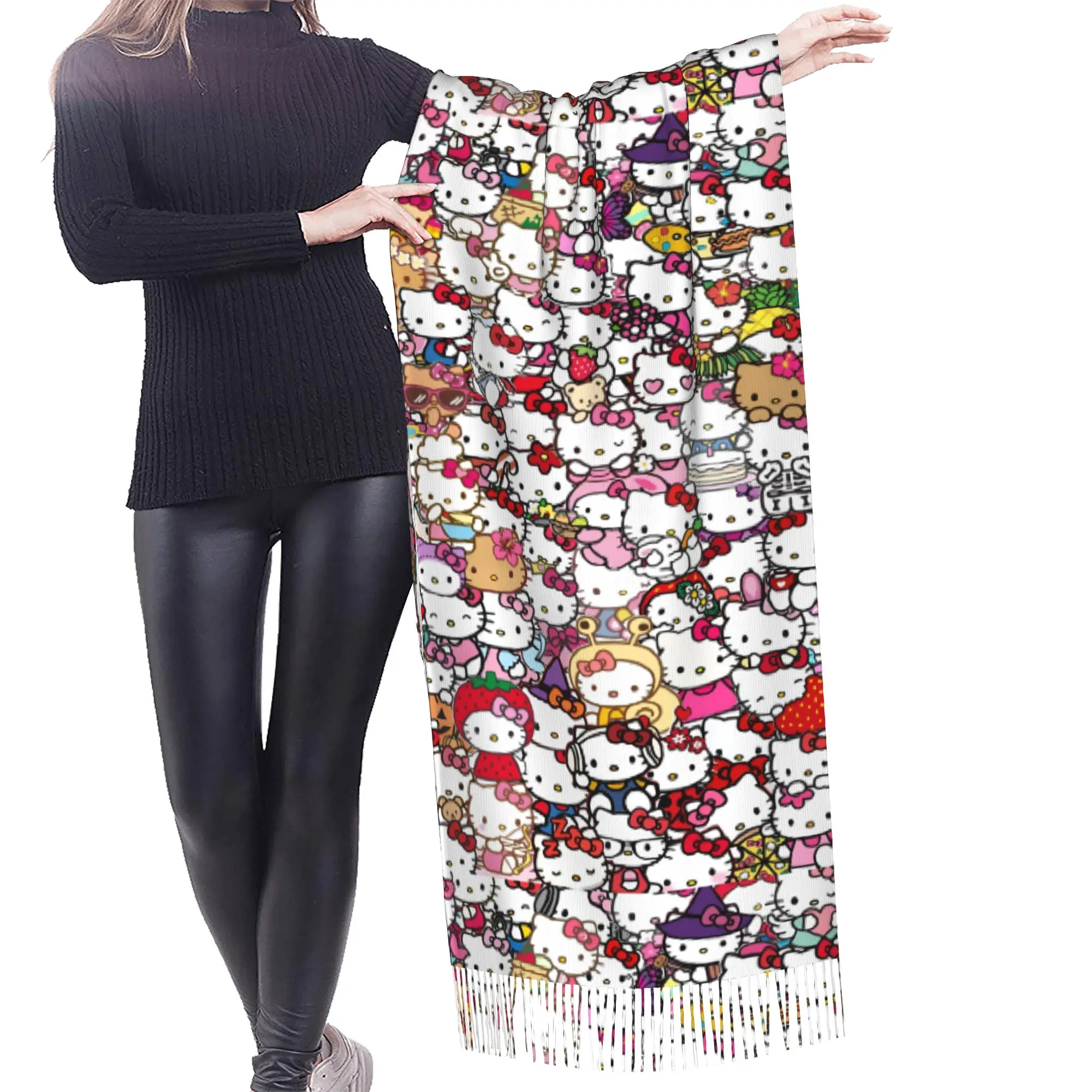 Custom Kitten Cat Cartoon Tassel Scarf Women Soft Anime Shawl Wrap Female Winter Fall Scarves