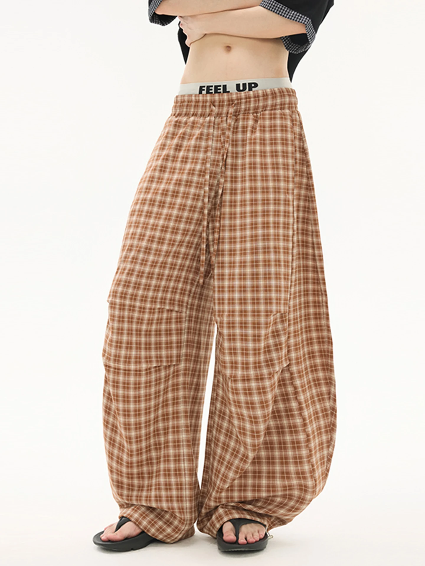 

Brown Plaid Pleated Casual Pants Men Summer Cleanfit American Loose Versatile Lazy Sle Wide Leg Knife Pants Straight Leg