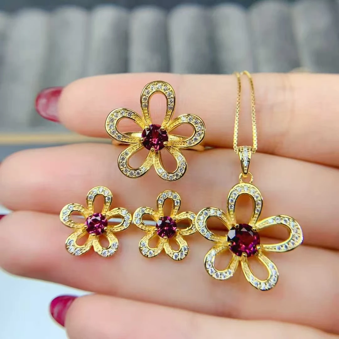 925 Silver Flower Jewelry Set for Wedding Total 1.8ct VVS Grade Natural Garnet Ring Earrings Necklace Pendant