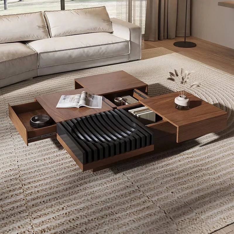 Table basse en bois massif de noyer, style nordique moderne et minimaliste, avec espace de rangement, design haut de gamme, cadre en bois, meubles de salon