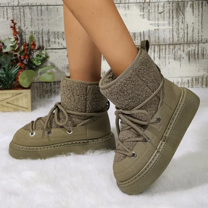 Cold-proof and Warm Winter Ladies Shoes 2024 New Lace Up Design Women’s Platform Boots Waterproof Anti-slip Fashion Short Boots