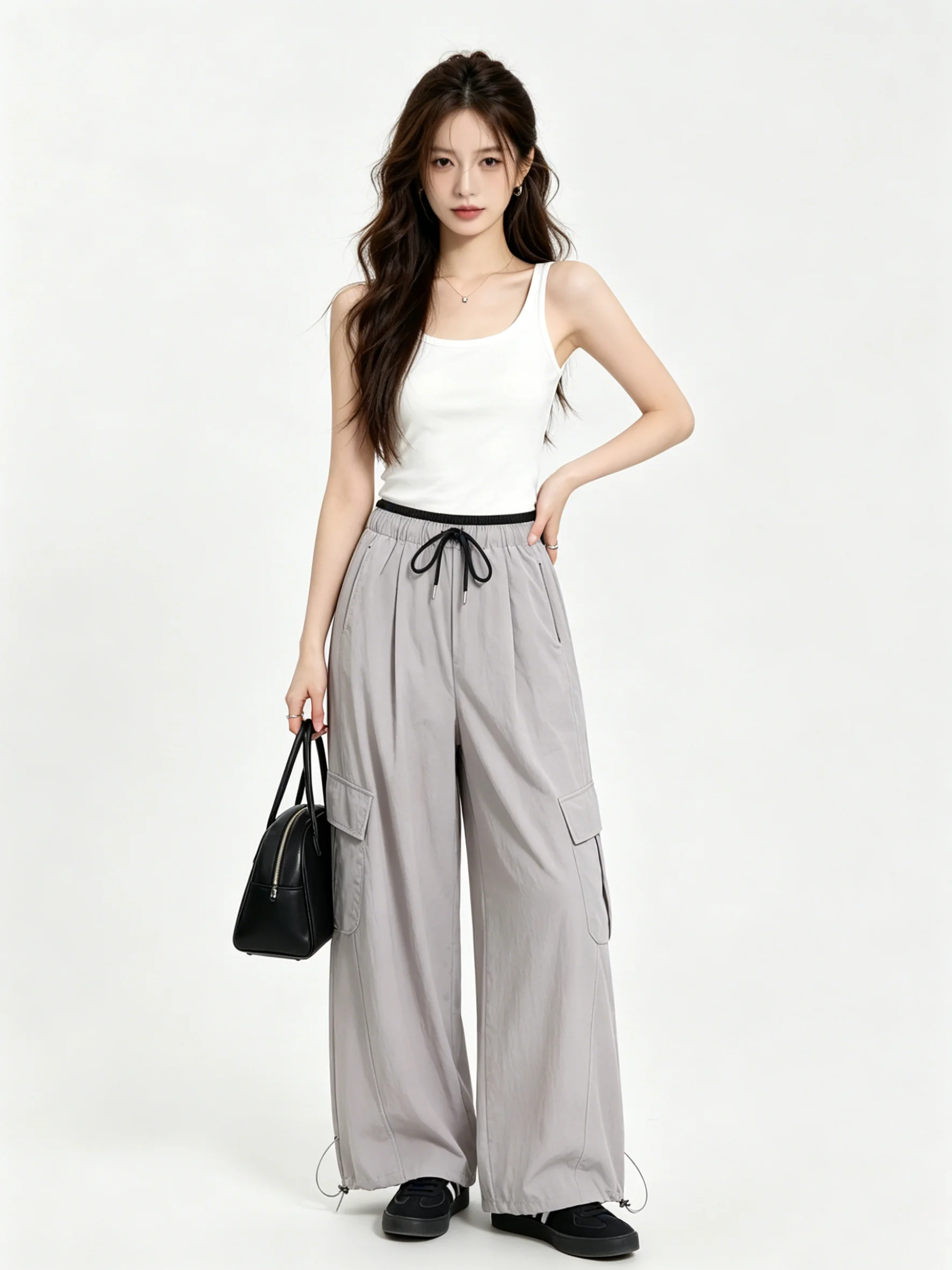 

Korean Style Simple Elegance Workwear Loose Elastic Waist Wide Leg Pants Summer Loose Slimming Multi Pocket Knife Pants Skin-...