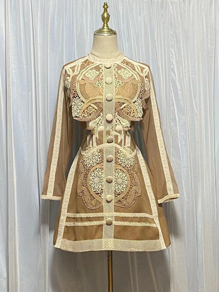 Elegant Embroidery Lace Splicing Dresses Spring Women Long Sleeves O Neck Mini Dress Autumn High Waist Zipper A Line Short Dress