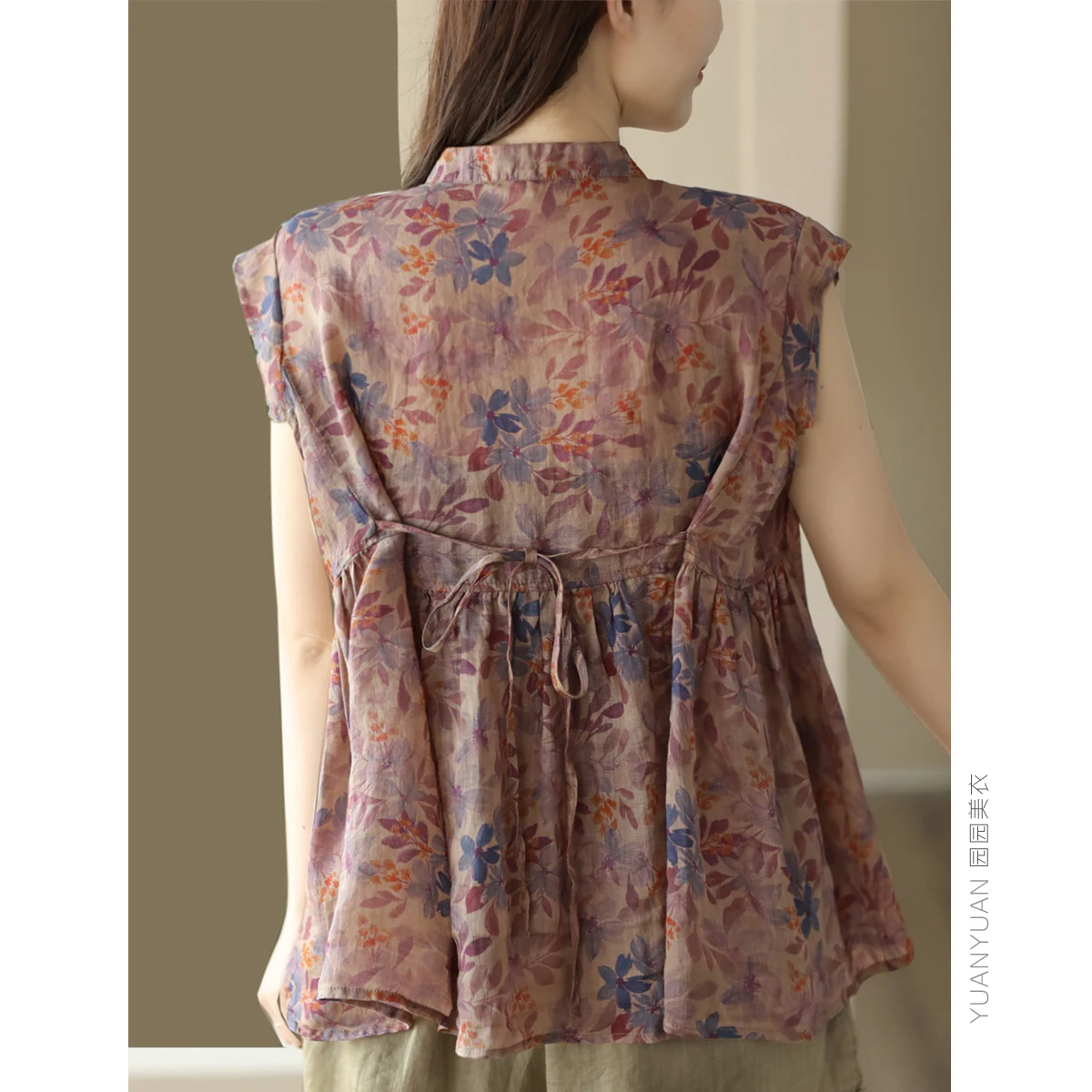 

Summer Vintage Print Flax irt Women's Versatile Agel Ba-Tie Doll Top Svel Trendy Commute Loose Fit Regular Length