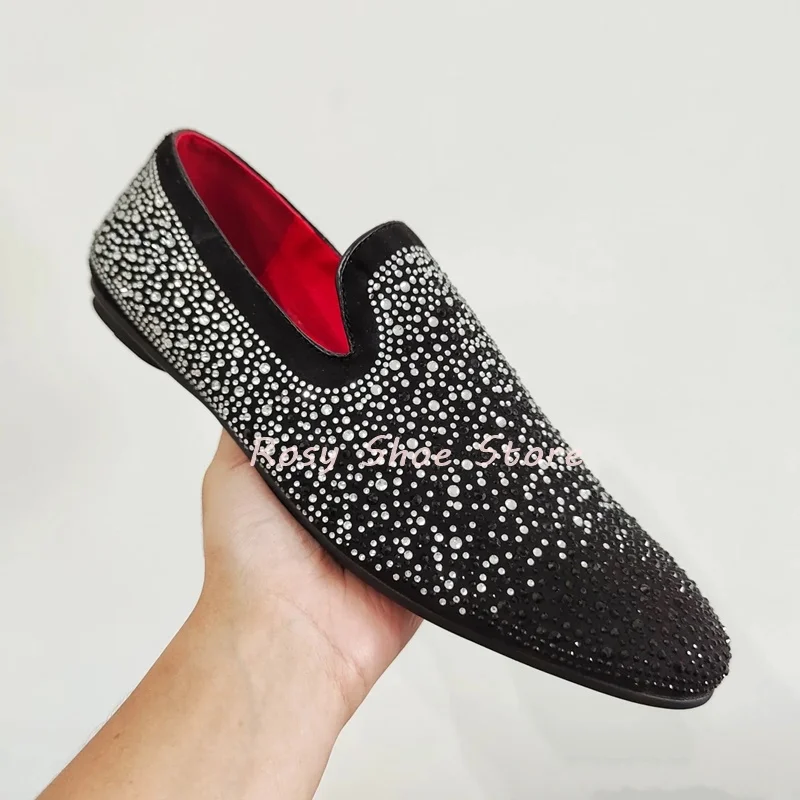 

Gradient Black Silver Crystal Stitching Elastic Lace-Up Loafers Men Luxury Party Oxfords Red Casual Bling Wedding Shoes Glitter