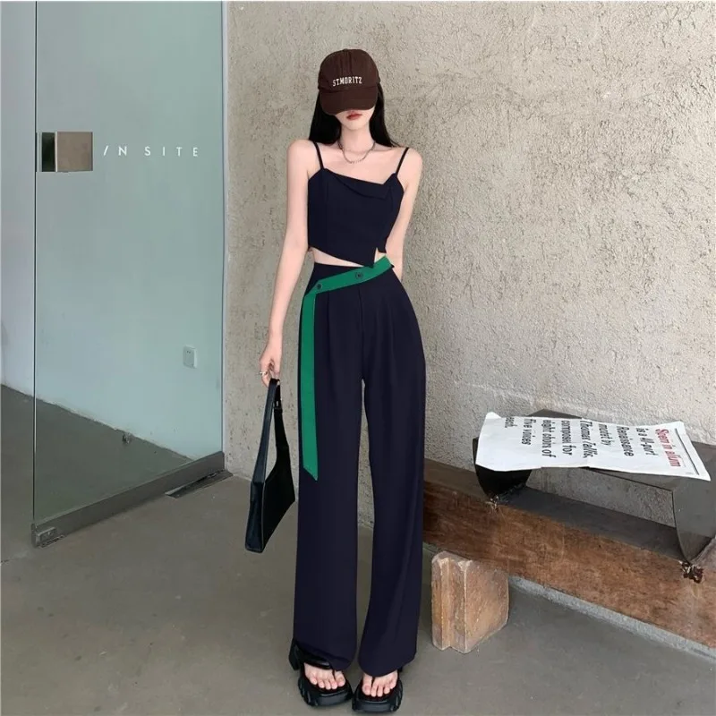 Fashion Spicy Girl Irregular Sling Vest Top Wide Leg Suit Pants Two-piece Set Women Shirring Collarbone Solid Slim Summer Set