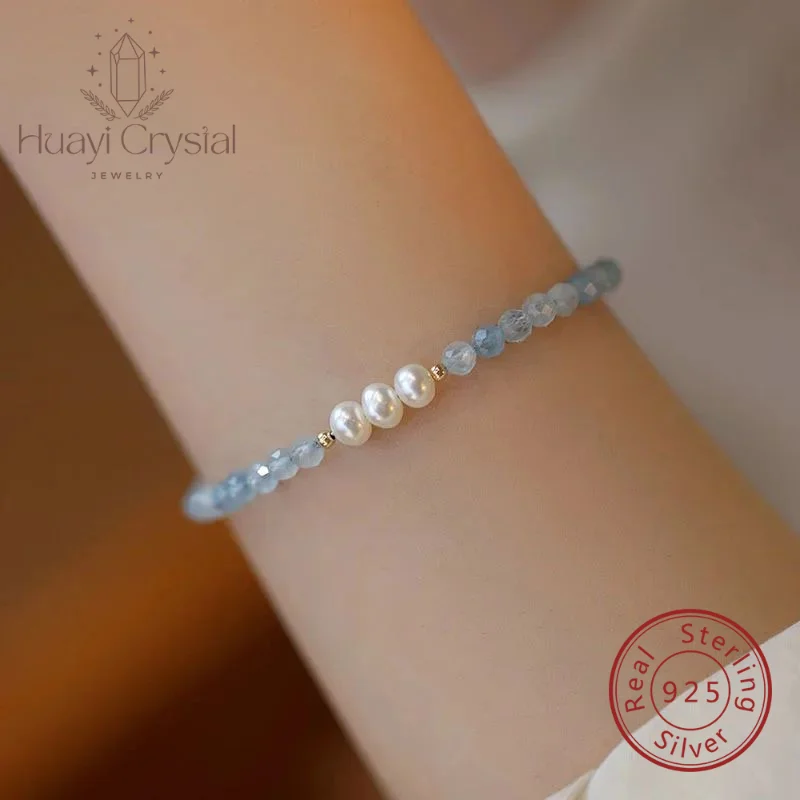 

s925 sterling silver natural aquamarine freshwater pearl bracelet for women ins summer fresh sweet blue crystal bracelet