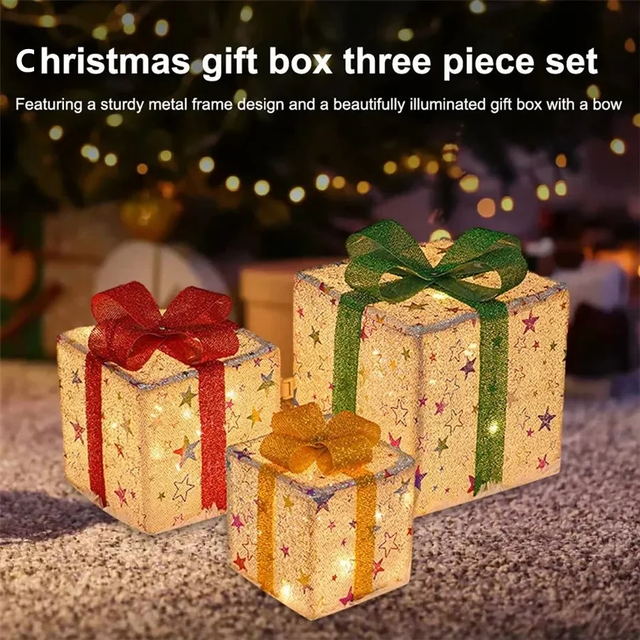 Remote Control 8 Modes Christmas Fairy Lights Battery Powered 3pcs/Set Christmas Luminous Gift Box Lamp for Holiday Party Decor