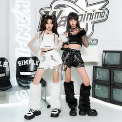 Children Hip Hop Dance Costumes For Girls Mesh Sleeved Tops Loose Shorts Suit Modern Jazz Performance Stage Clothes DQS18018