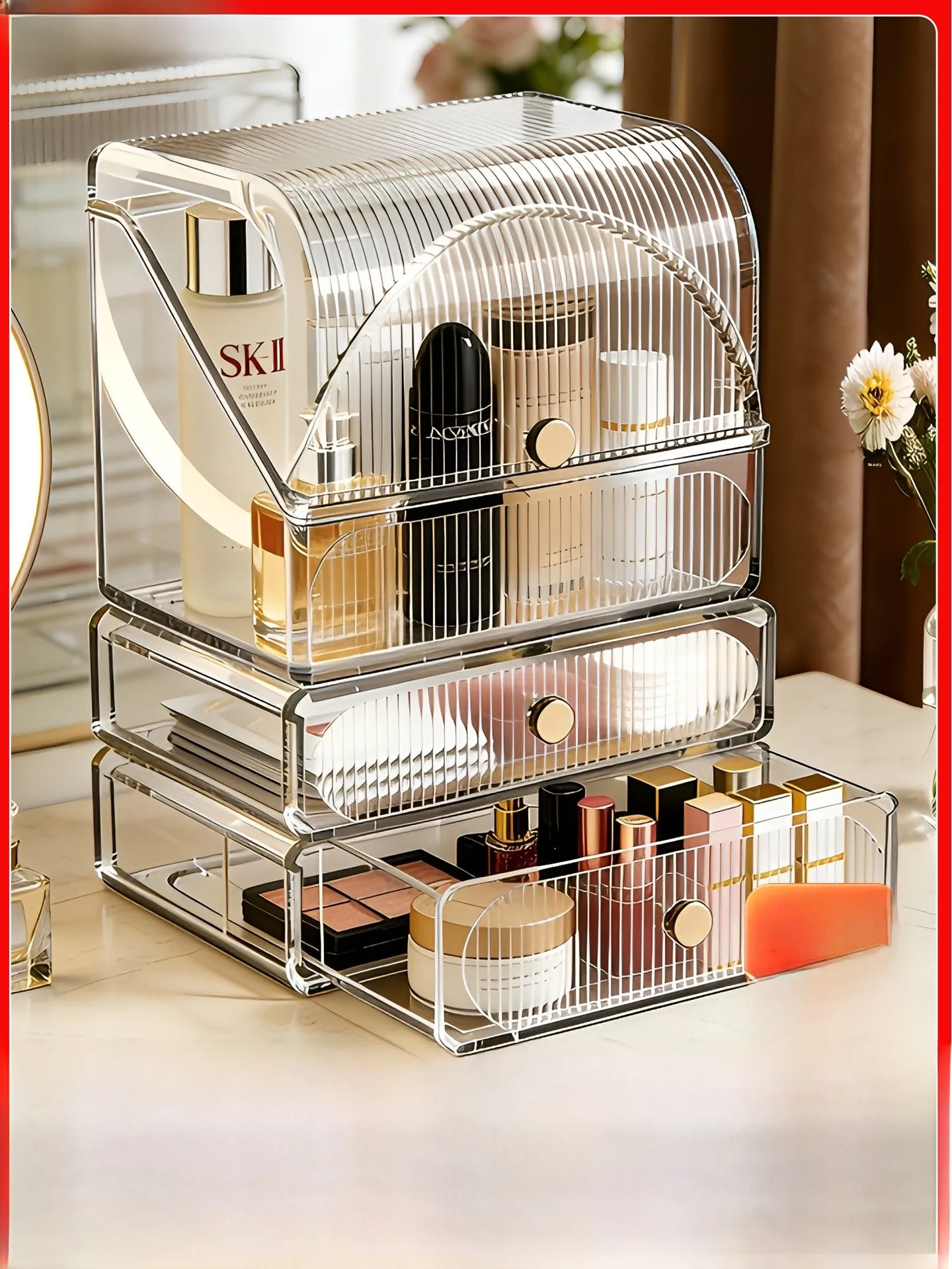 Acrylic Cosmetic Storage Box Desktop Dustproof Makeup Desk Skincare Lipstick Organizer Rack Transparent Clear Cover Home Storage