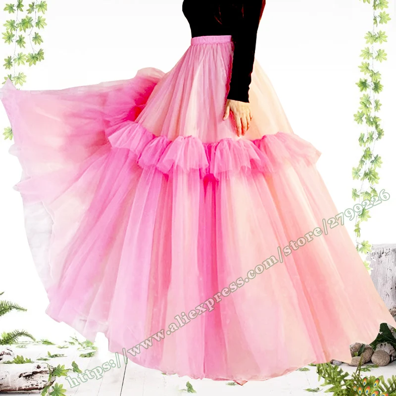 2024 mesh Pink Design fairycore Women's Skirt Plus Size Slim organza Long Fluffy Half female Skirt Designs flowy skirt women