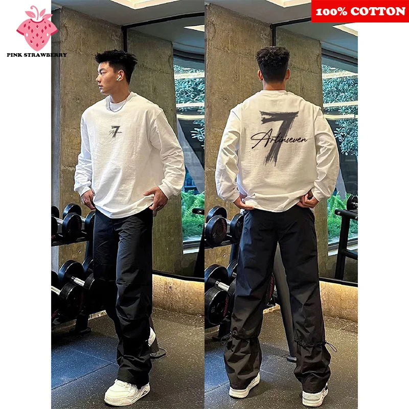 

American Number 7 Print T-shirt Men Autumn 2025 New 100% Cotton Oversize White Long sleeves Sports Gym Tee Y2k Top Man clothing