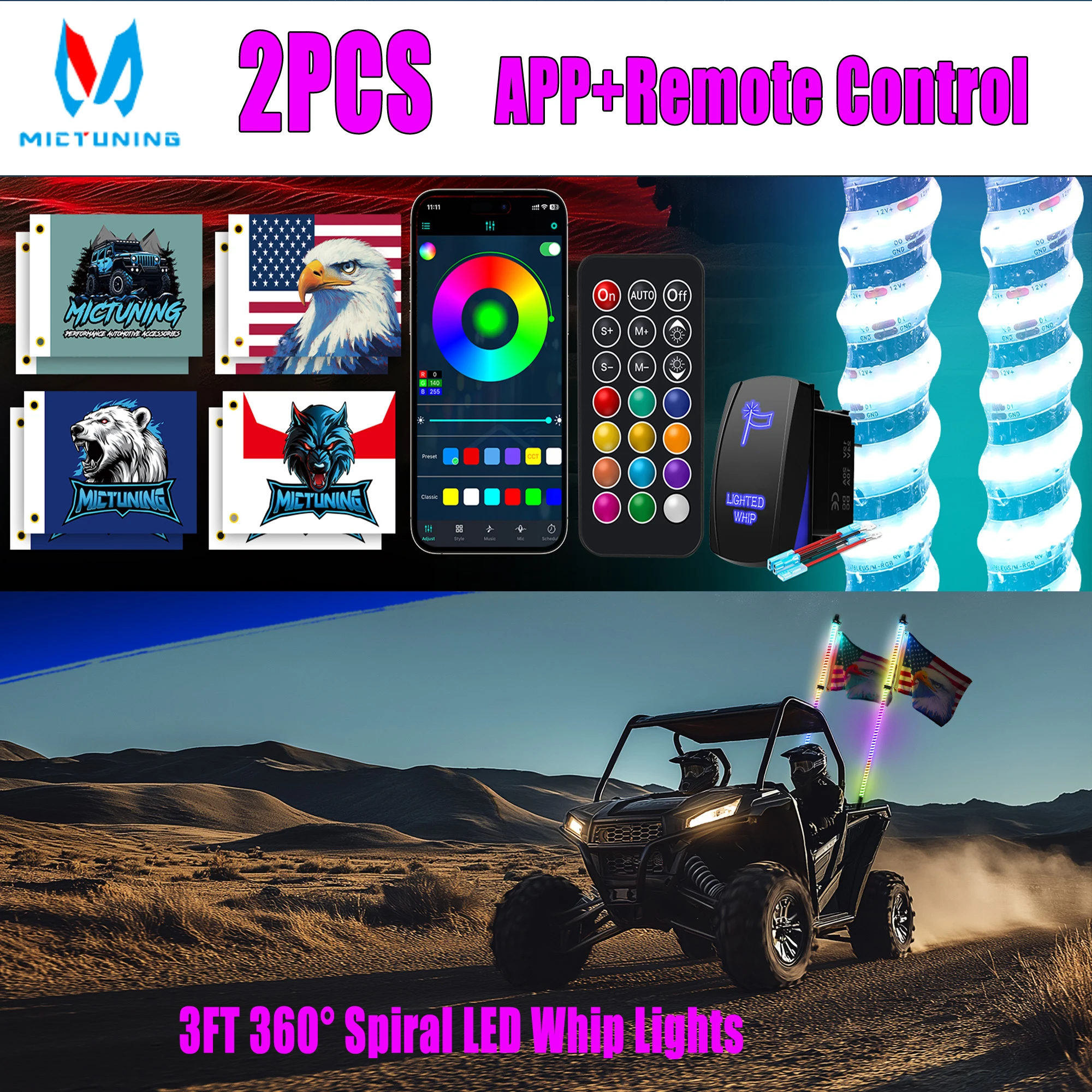 

MICTUNING 3FT 2PCS 360° Spiral LED Whip Lights RGB+IC with APP+Remote Control Bendable Steering Brake Reverse Light for UTV RZR