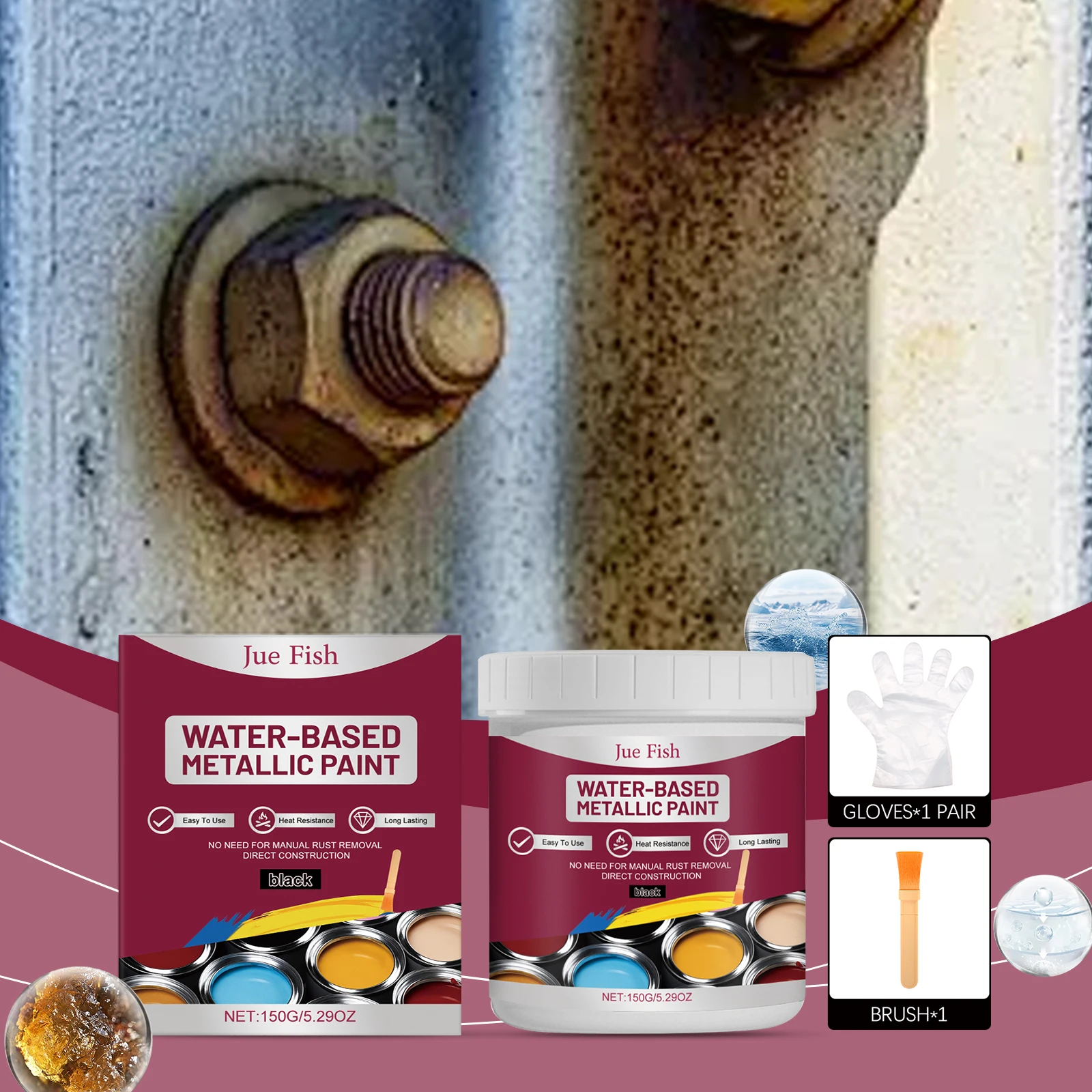 Water-Based Metal Rust Converter Paint Black Anti-Rust Protective Coating for Cars Iron Fences DIY Brush Kit