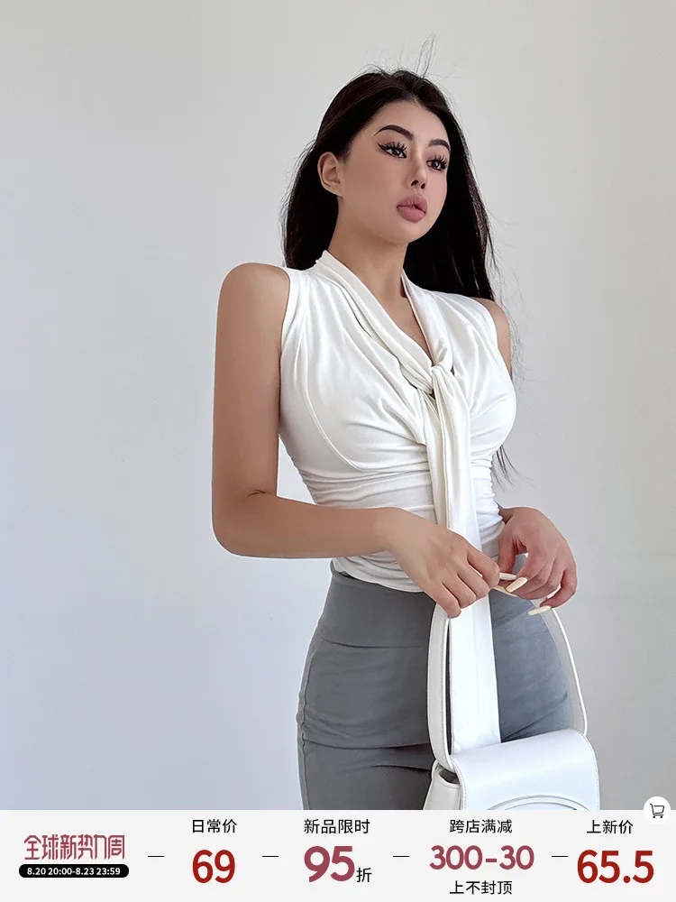 Sexy Korean Hot Women Tank Tops Pure Desire Pile Collar Vest Women Pleated Waist Short Sleeveless Top For Women 2024 New JK7X