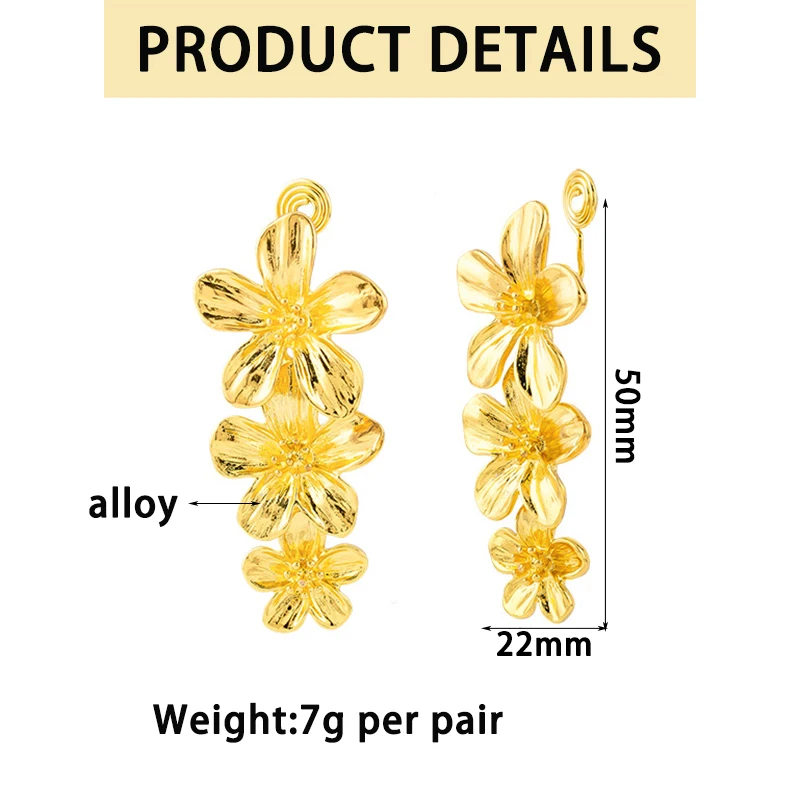 Vintage Golden 3-layer Flower Mosquito Coil Ear Clips Painless Fashion Exaggerated Hanging Stud Earrings for Women Party Jewelry