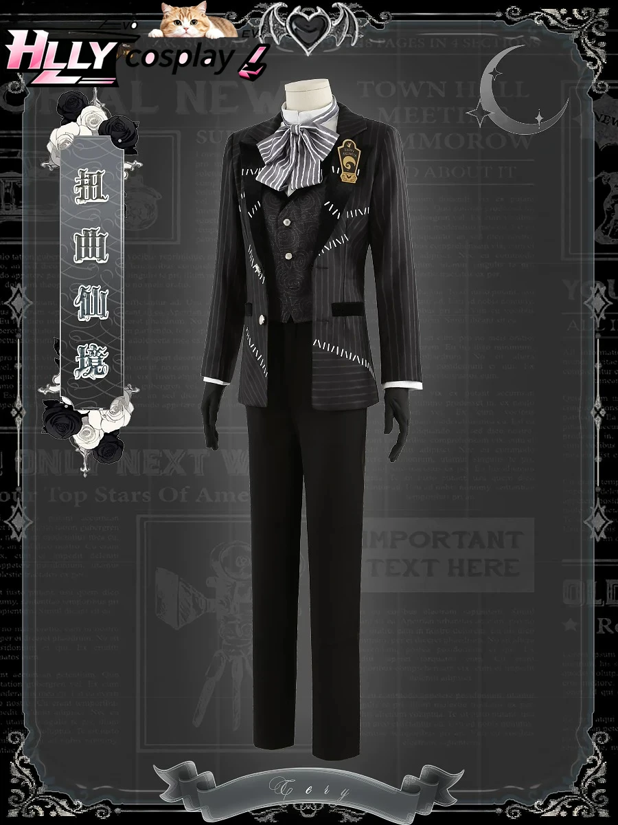 Twisted Wonderland 2024 Halloween Anime Custom Suit Cosplay Costume Black Pinstripe Jacket Vest Bow Tie Gloves Full Set & Men's - view 4