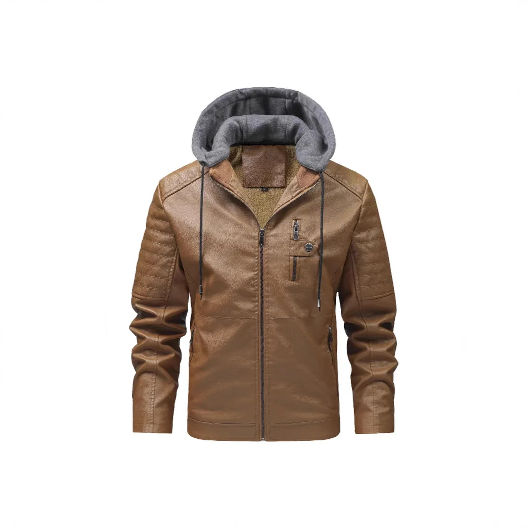 

Large Size Winter Fleece Warm Windproof Hooded Detachable Locomotive Men's Vintage PU Jacket