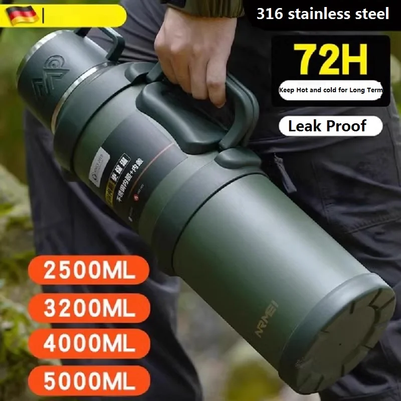 Bouteille d'eau isolée en acier inoxydable avec poignée, bouteille Thermos Portable d'extérieur de grande capacité, garde au chaud et au froid pour 72H