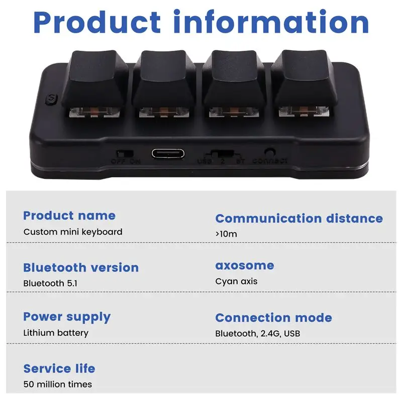 AT82-MK424BT 4-Key Mini Customized Keyboard With Mechanical Blue Switch Bluetooth+Usb Connection For Office Game Multimedia