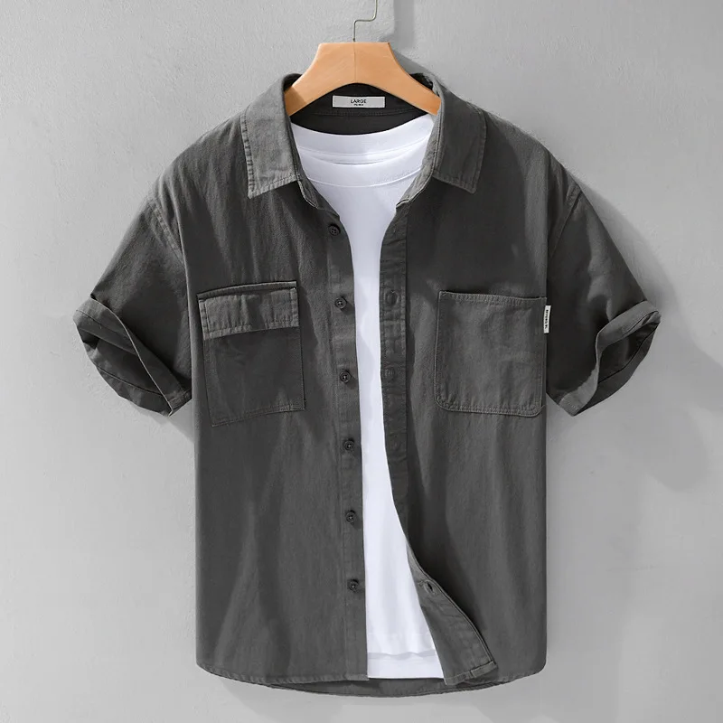 

Loose Fit Men's ort Sve irt Casual Summer Faion Retro Versatile Simple Color Commuting Workwear Cotton 00%