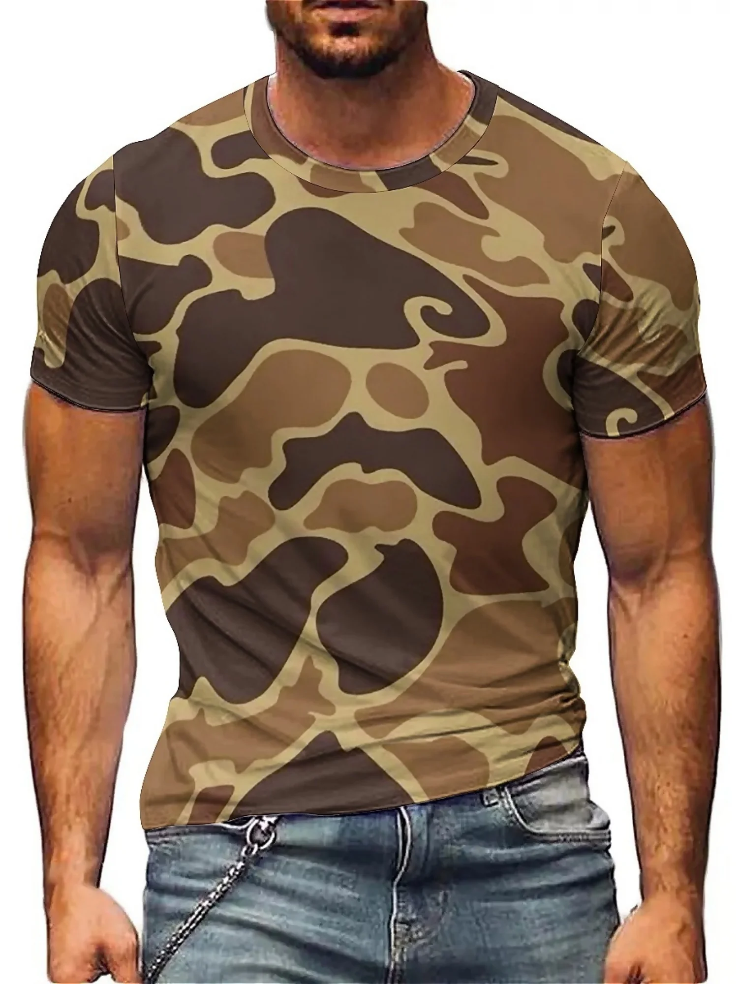 

Men'S Hip-Hop Style Camo T-Shirt - 3D Digital Print, Short Sleeve, Comfortable Polyester, Durable & Fun Pattern, Plus Size