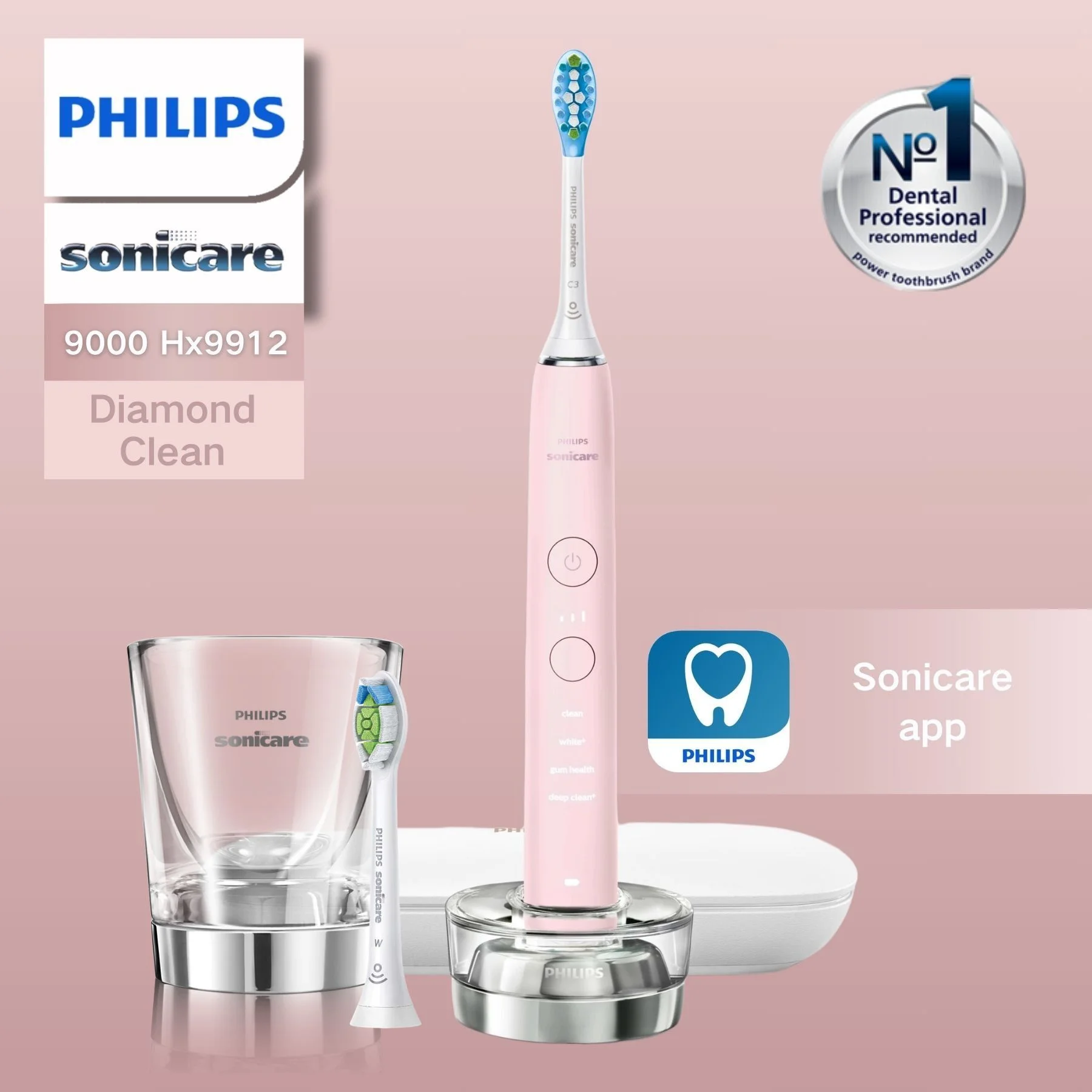 

Philips sonicare electric toothbrush 9000 series HX9912,Bluetooth connectivity, 4 modes with pressure light, 2 charging options