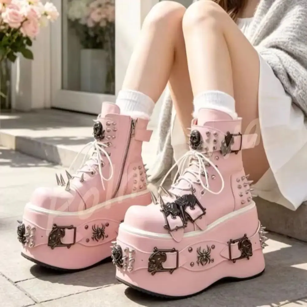 Pink Gothic Skull Spike Platform Boots Lace Up Side Zip Punk Rivet Wedge Ankle Boots Sweet Cool Party Winter Lovely Women Shoes