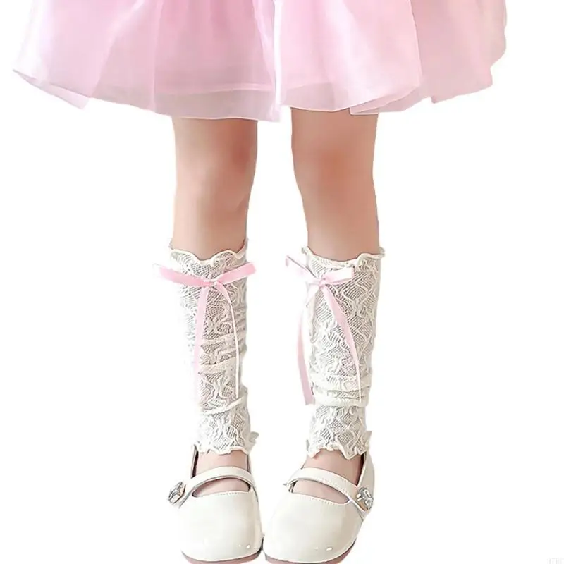 97BC Lace Ruffle Leg Warmer for Spring Elegant Ribbon Bowknot Slouchy Socks Leg Cover Breathable Socks