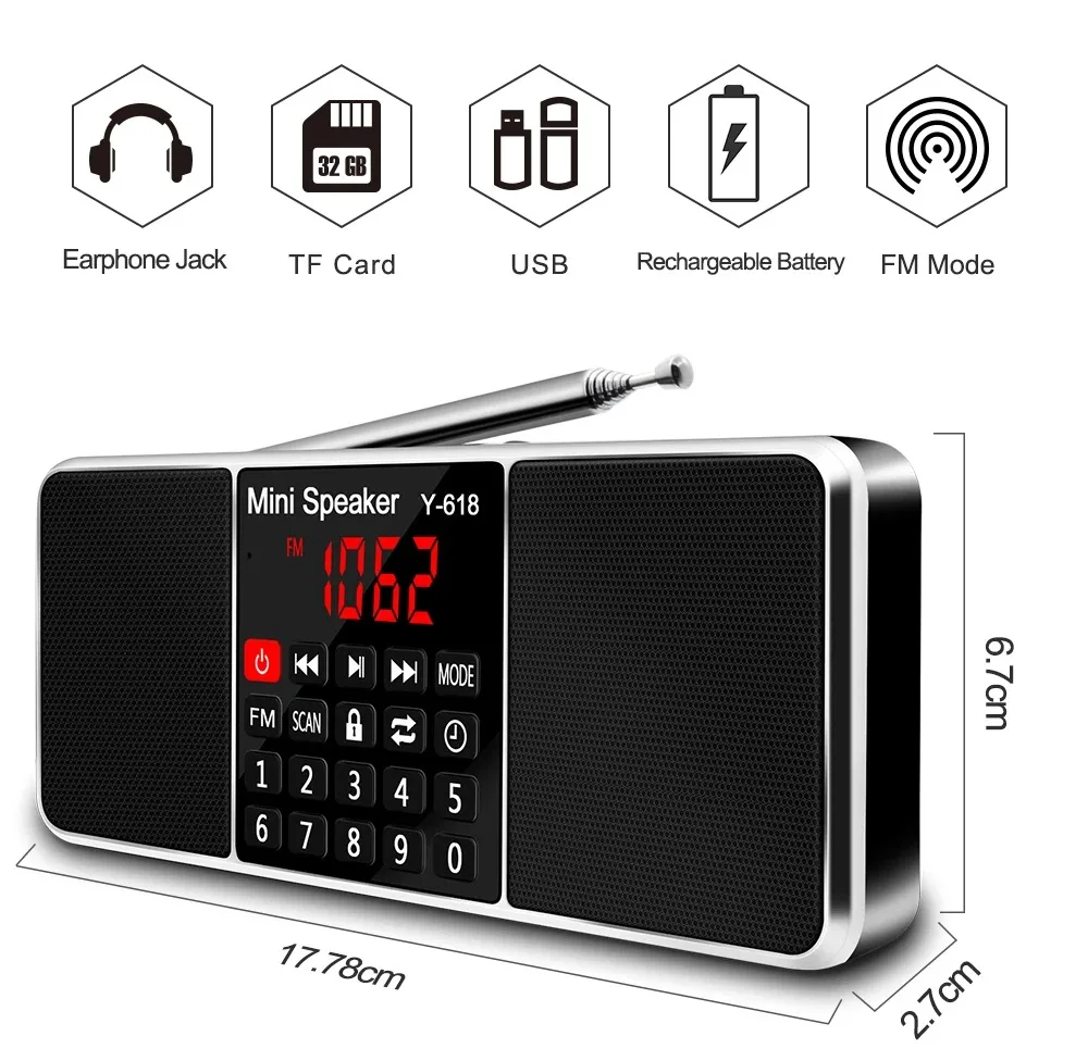 Digital FM Radio Receiver Speaker Stereo MP3 Player Support TF Card USB Drive LED Display Time Shutdown Portable Radios