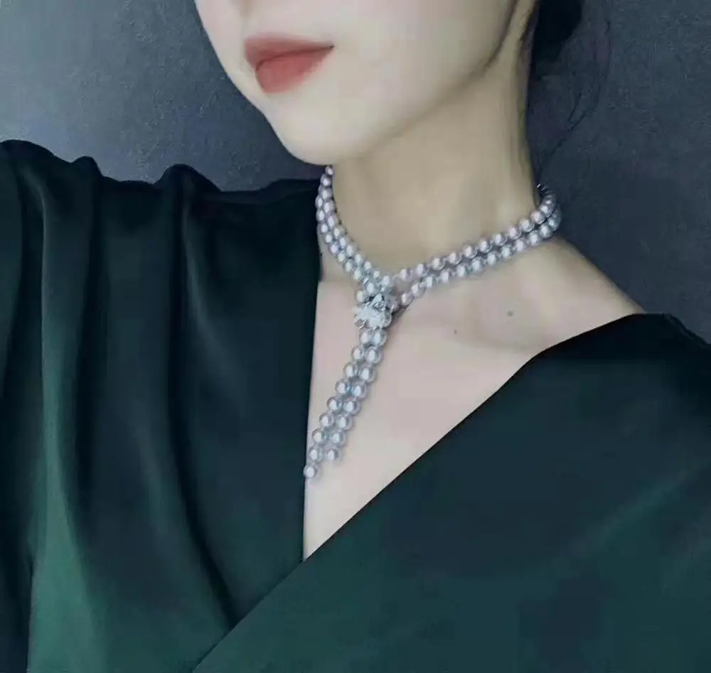 Hand knotted 8mm gray shell pearl necklace micro inlaid zircon button sweater chain long 105-110cm fashion jewelry