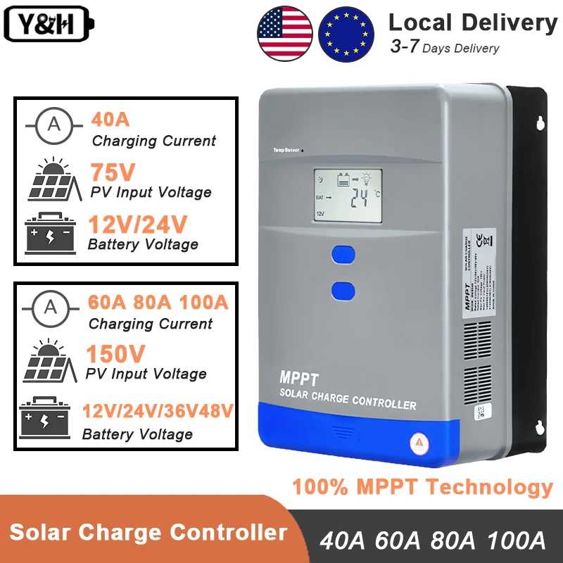 

Контроллер заряда солнечных батарей Y&H MPPT 40A 60A 80A 100A с ЖК-дисплеем, 12В/24В/36В/48В, регулятор для AGM, гелевых, необслуживаемых и литиевых аккумуляторов
