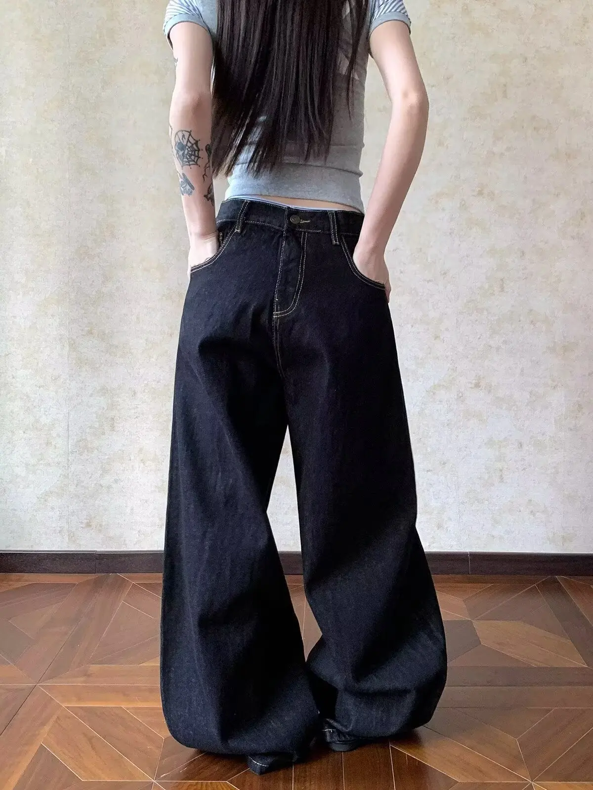 Women Chic Baggy Embroidery Jeans Grunge Japanese Low Rise Y2K Denim Pants 2000s Vintage Aesthetic Low Rise Baggy Denim Jeans