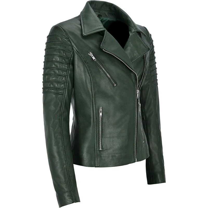 Women Handmade Genuine Sheepskin 100% Leather Jacket Green Motorcycle Coat