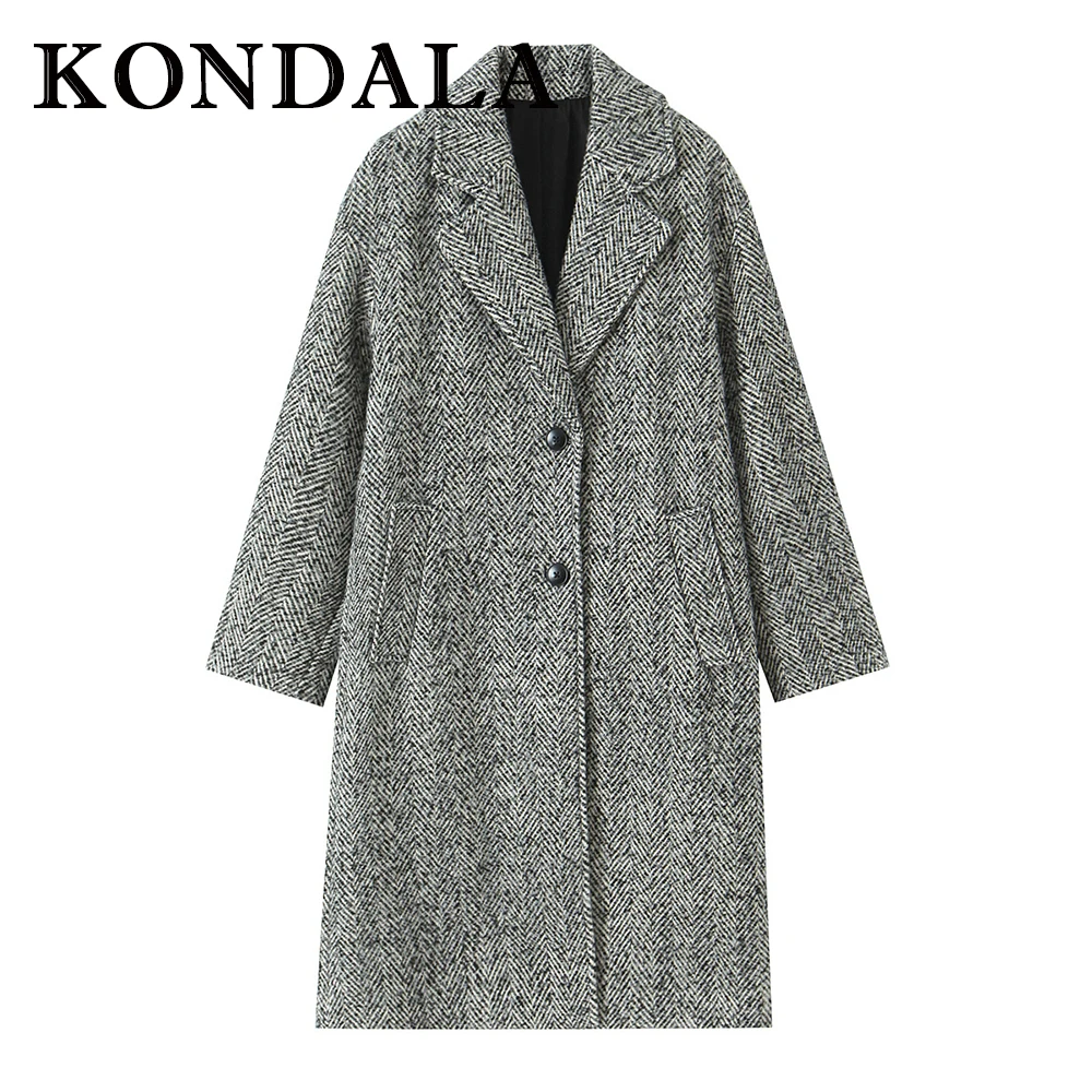 KONDALA Vintage Winter Grey 2025 Chic Women Coats Single Breasted Loose Long Coat Fashion Elegant Female Office Lady Chic Coat
