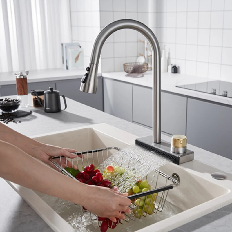 

Gun Grey Pull Out Kitchen Sink Faucet Waterfall Water Single Hole Hot&Cold Mixed Basin Faucet Multi-functional Water Sink Tap