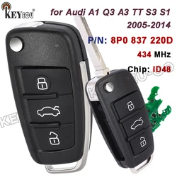 KEYECU 434MHz ID48 Chip 8P0 837 220 D for Audi A1 Q3 A3 TT S3 S1 2005-2014 8P0837220D Replacement Flip Remote Key Fob 3 Buttons
