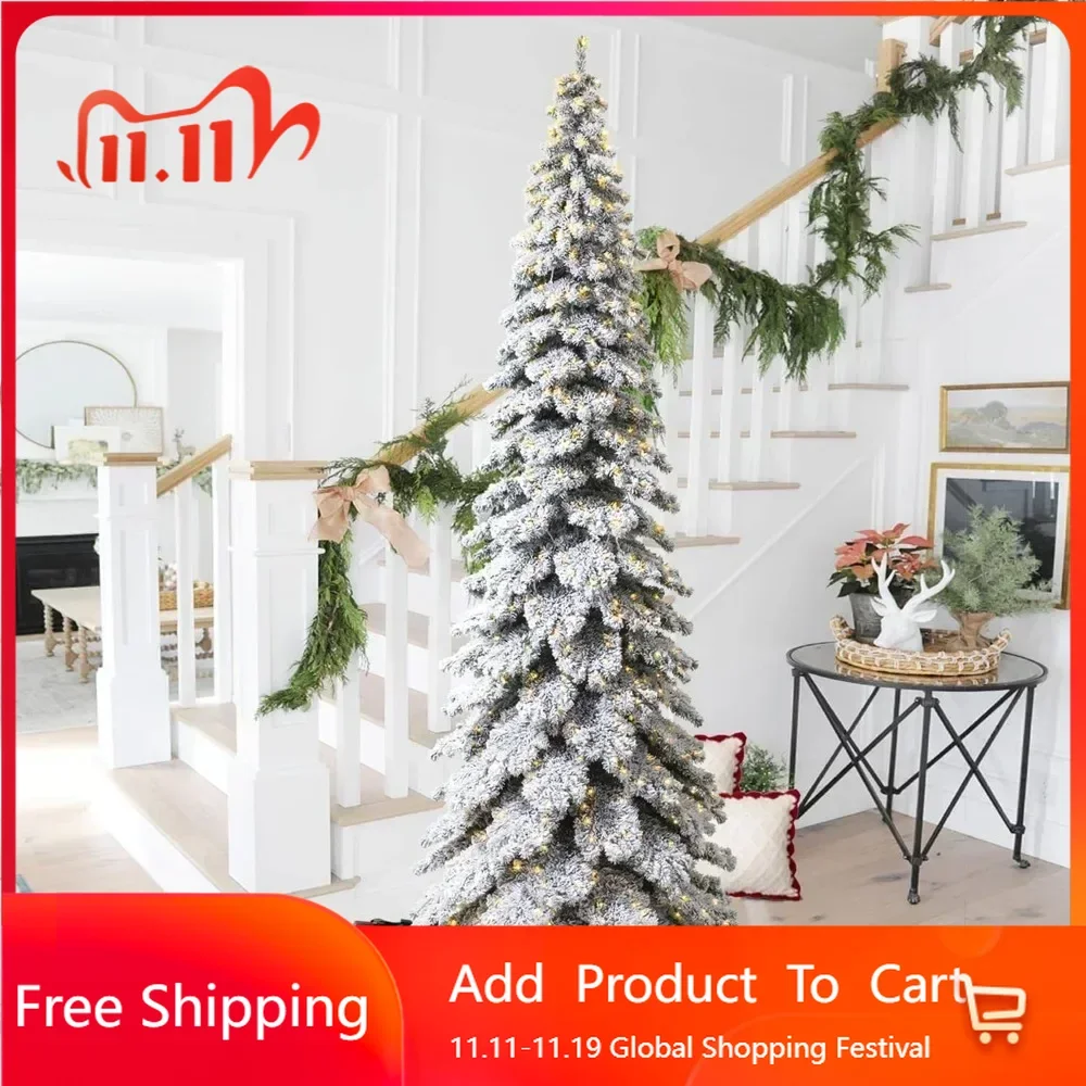 12ft Pre-Lit Artificial Christmas Tree,with900 Warm White Lights and Foldable Metal Stand,Large Flocked Layered Slim Spruce Tree